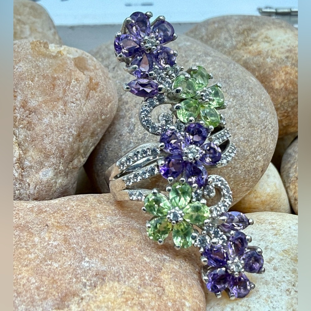 Amethyst Peridot Floral Cocktail Ring 5ctw Platinum SS Sz 6 NWT - Picture 5 of 16